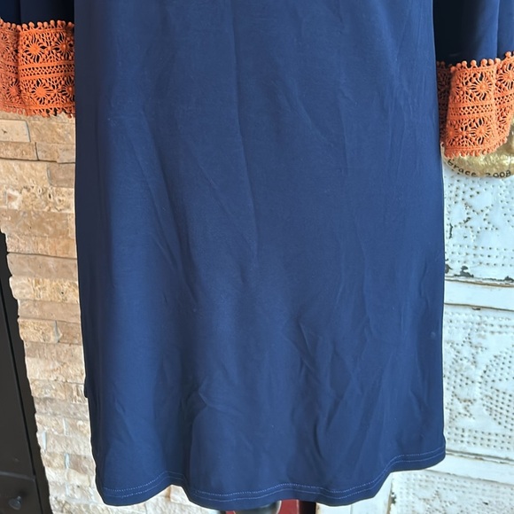 Judith March navy straight line dress 3/4 orange crochet bell sleeves lined boho - Picture 7 of 16